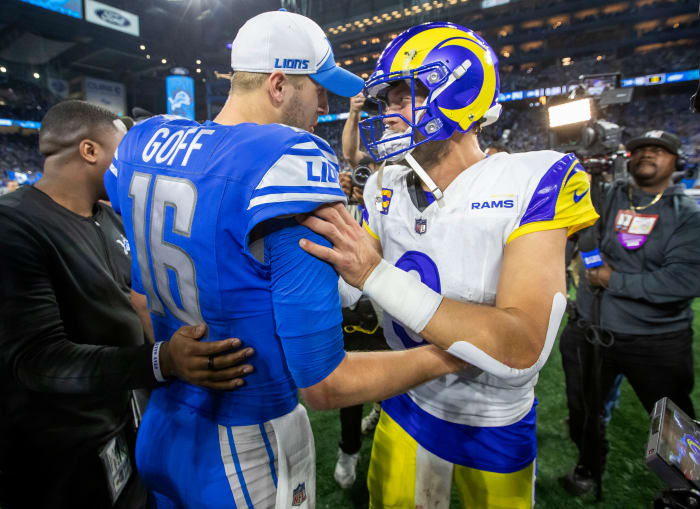 Jan 14, 2024; Detroit, Michigan, USA; Detroit Lions quarterback Jared Goff (16) and Los Angeles Rams quarterback Matthew Stafford (9) greet each other after a 2024 NFC wild card game at Ford Field.